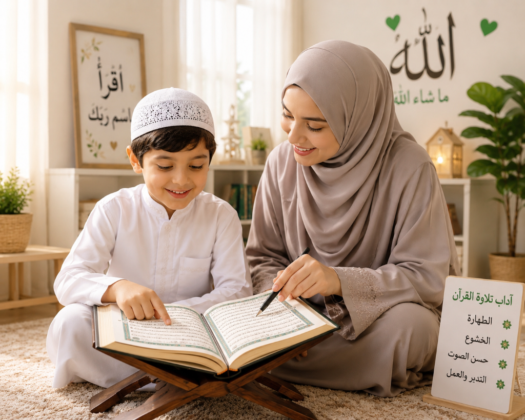 Happy child learning Quran in a bright, loving environment