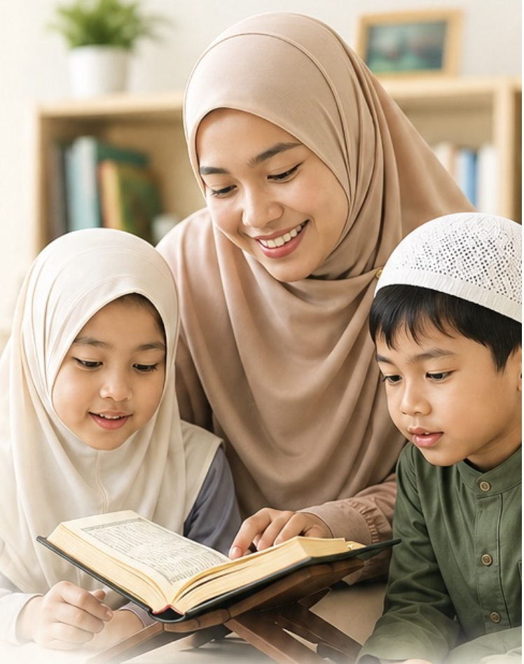 Caring teacher guiding children in Quran learning