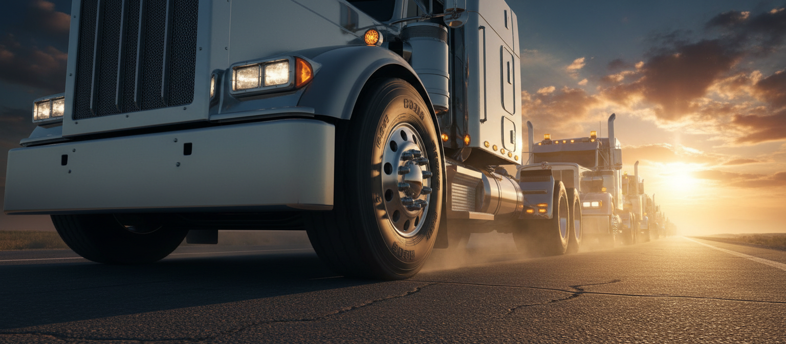 Fleet of semi trucks on highway showcasing heavy duty truck tires