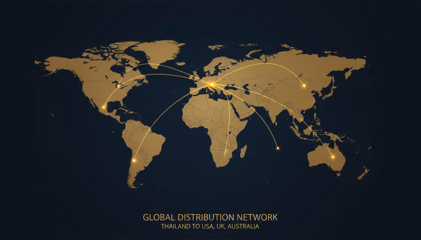 Global distribution network map showing truck tire exports from Southeast Asia to USA UK and Australia