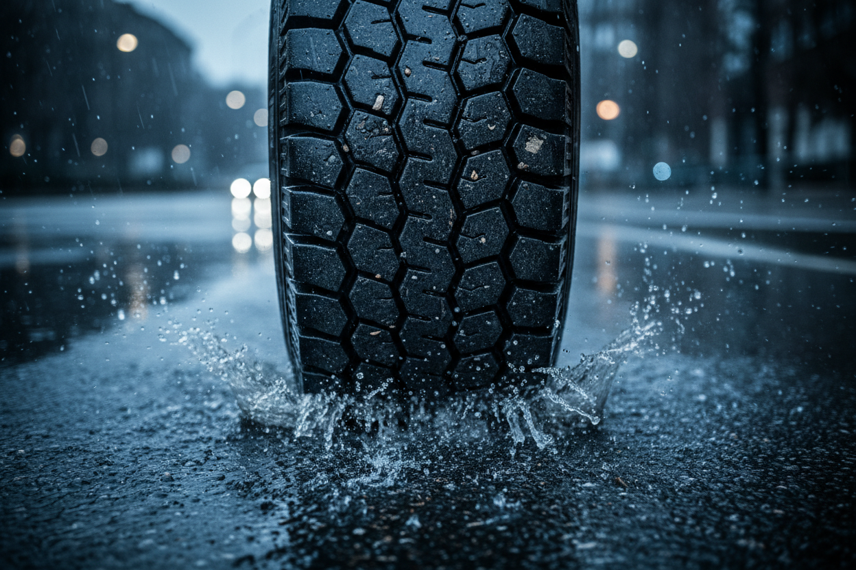 Close-up of semi truck tire tread pattern showing heavy duty construction