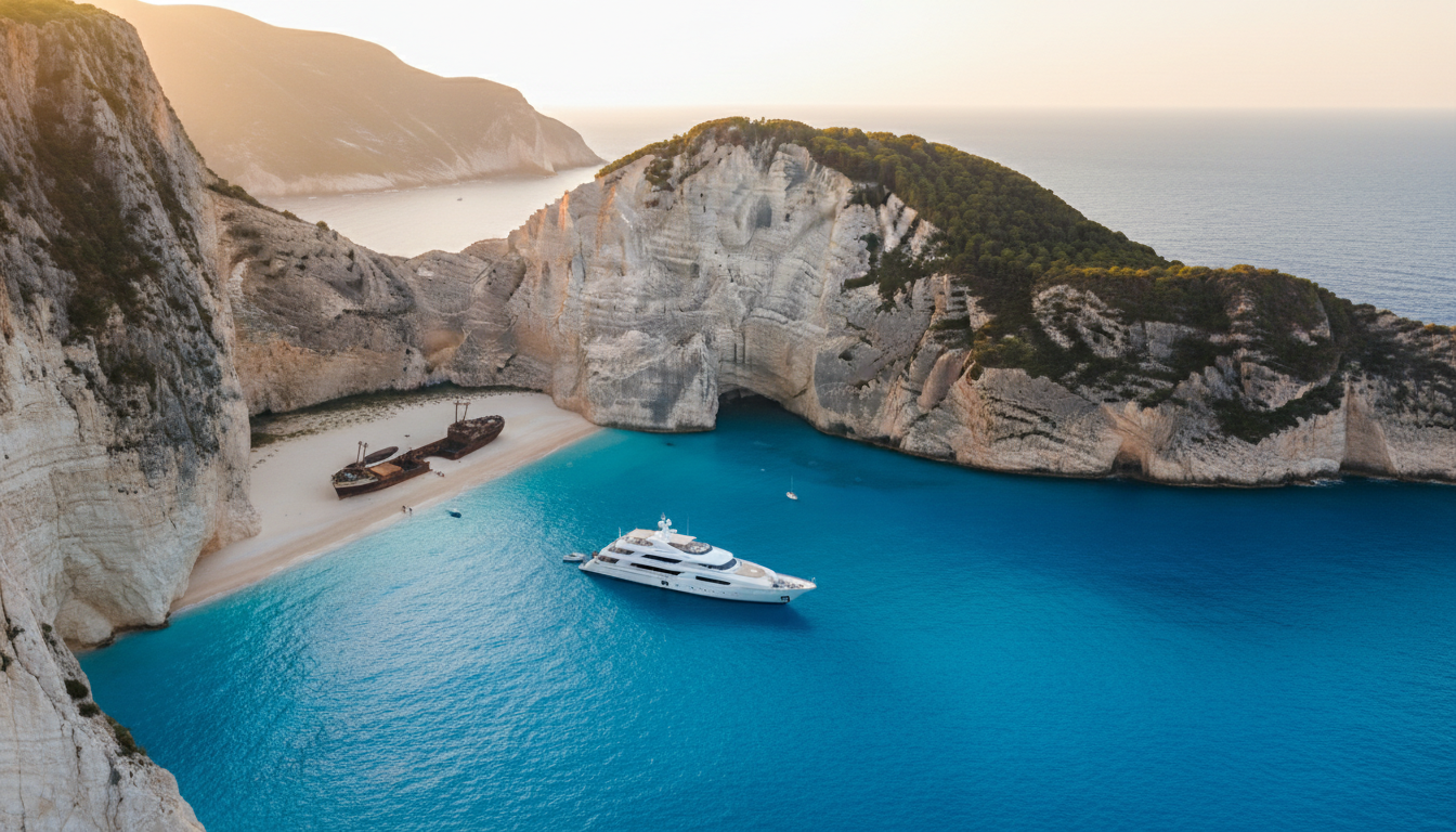 Zakynthos crystal blue waters with luxury yacht