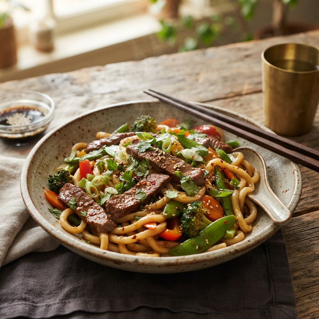 Cheap Dinner Idea: Garlic Ginger Beef and Udon Noodle Toss