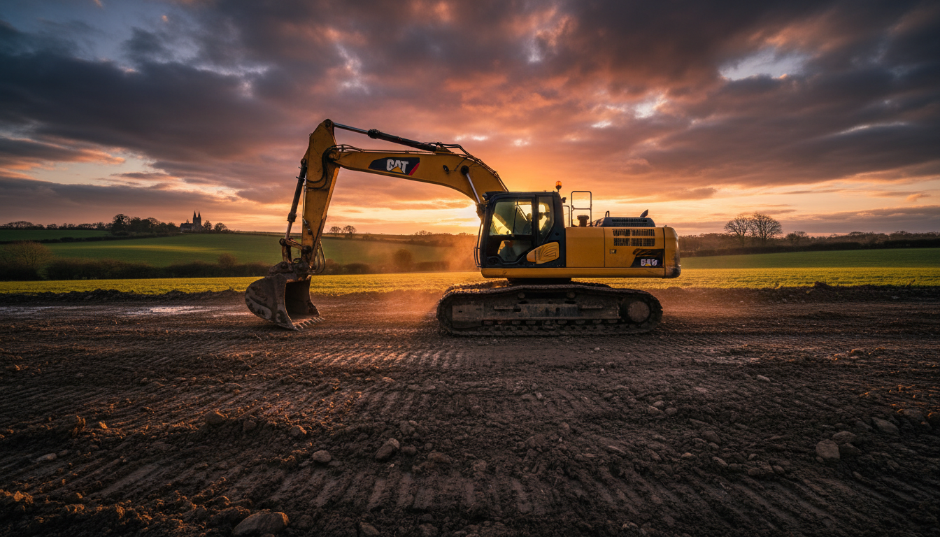 Suffolk construction site with excavator at golden hour
