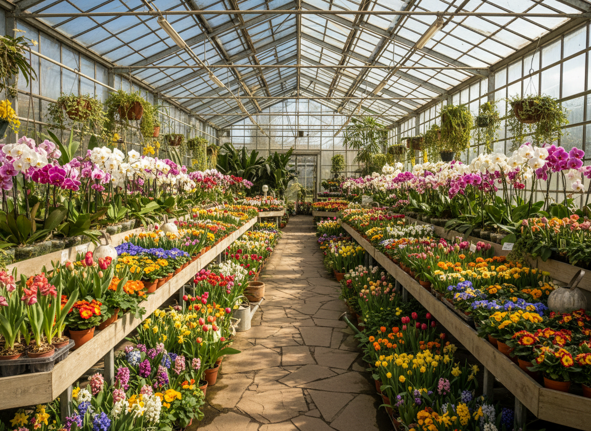 Buntes Gewächshaus mit blühenden Orchideen und Frühlingsblumen