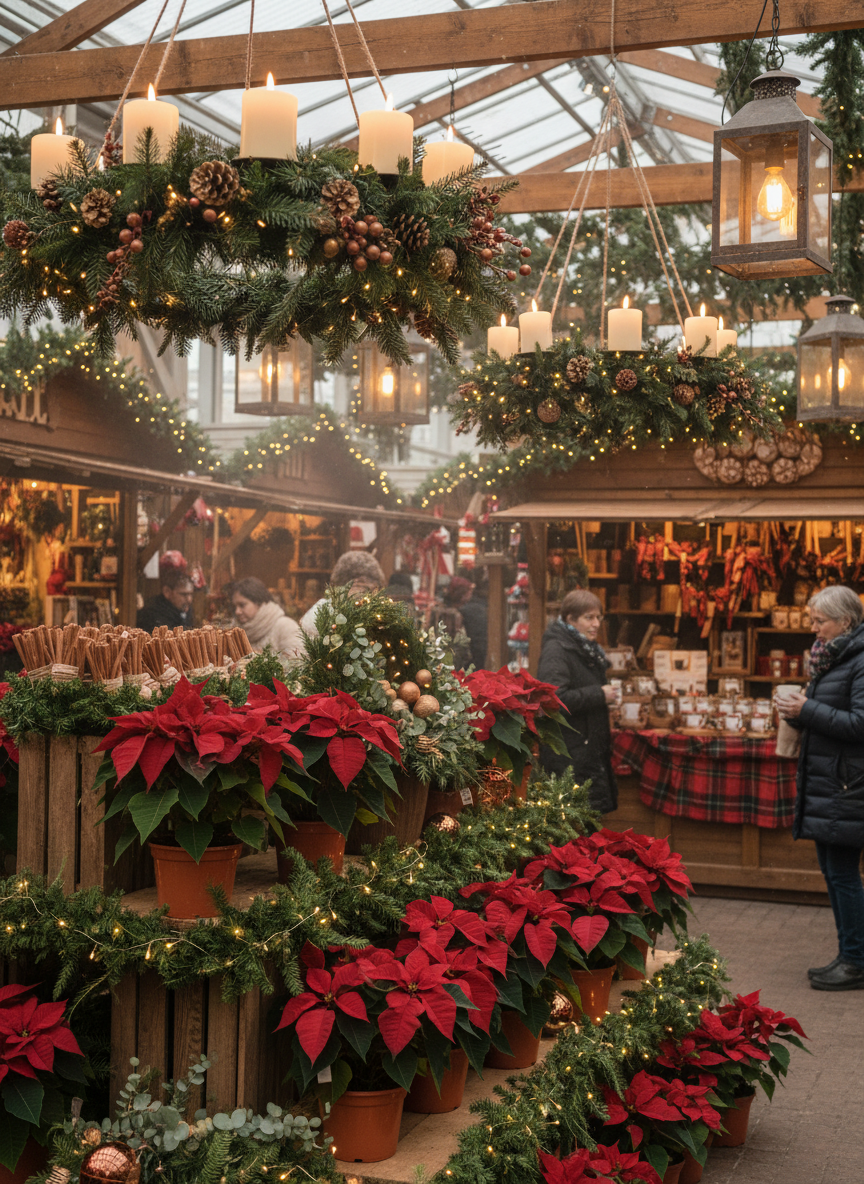 Festliche Adventsdekoration mit Kränzen und Kerzen