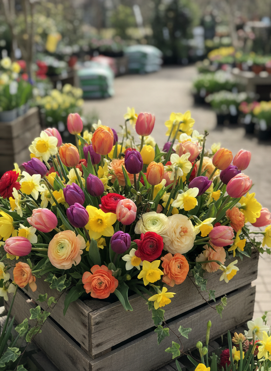 Frischer Frühlingsstrauß mit Tulpen und Ranunkeln