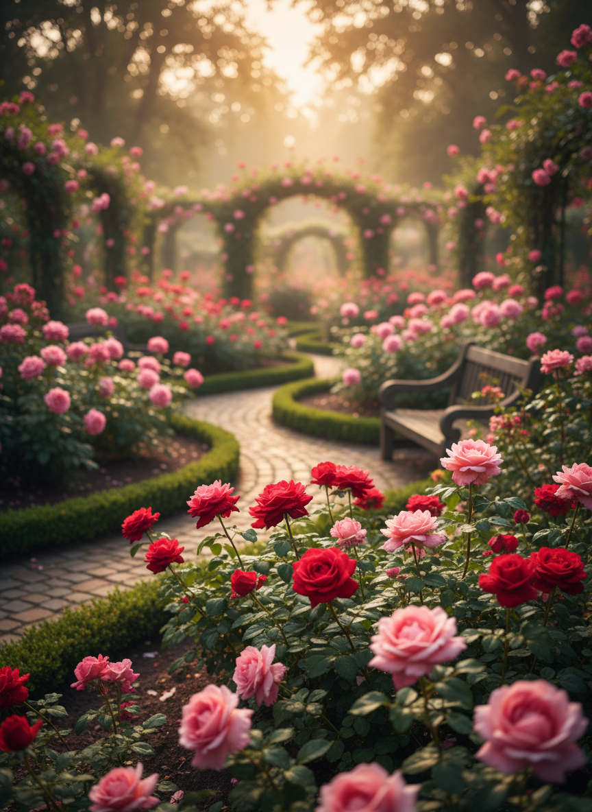 Blühender Rosengarten in voller Pracht
