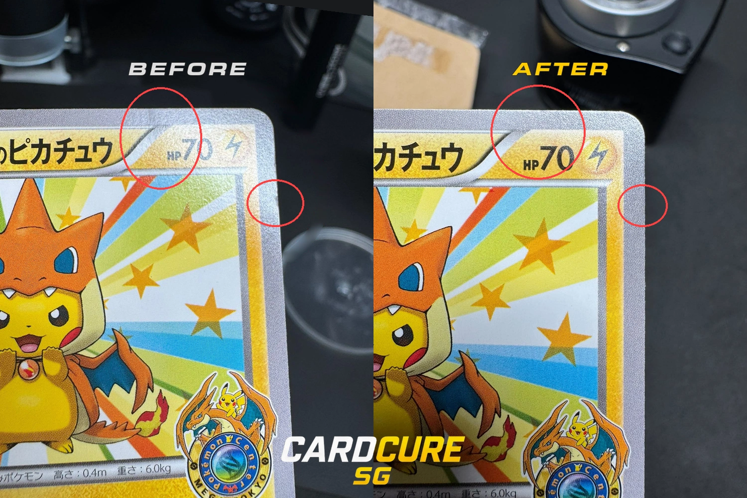 Mega Tokyo's Pikachu front before and after restoration, with red circles highlighting the treated top edge near HP and right side edge.