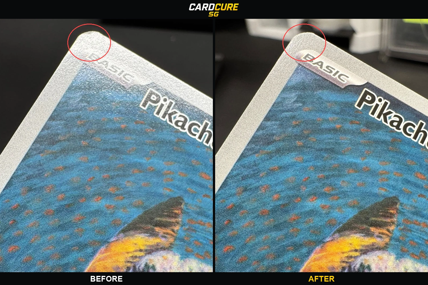 Pikachu with Grey Felt Hat #85 front top-left corner before and after edge lift restoration, with the treated area circled.