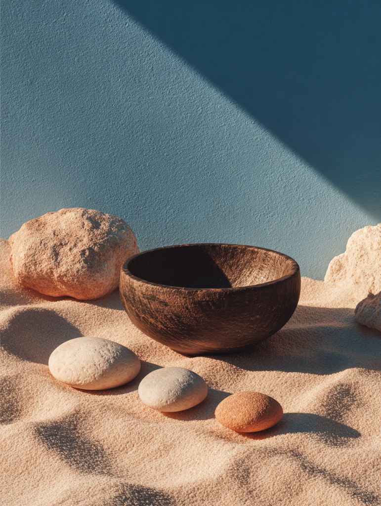 Serene bowl with stones on sand