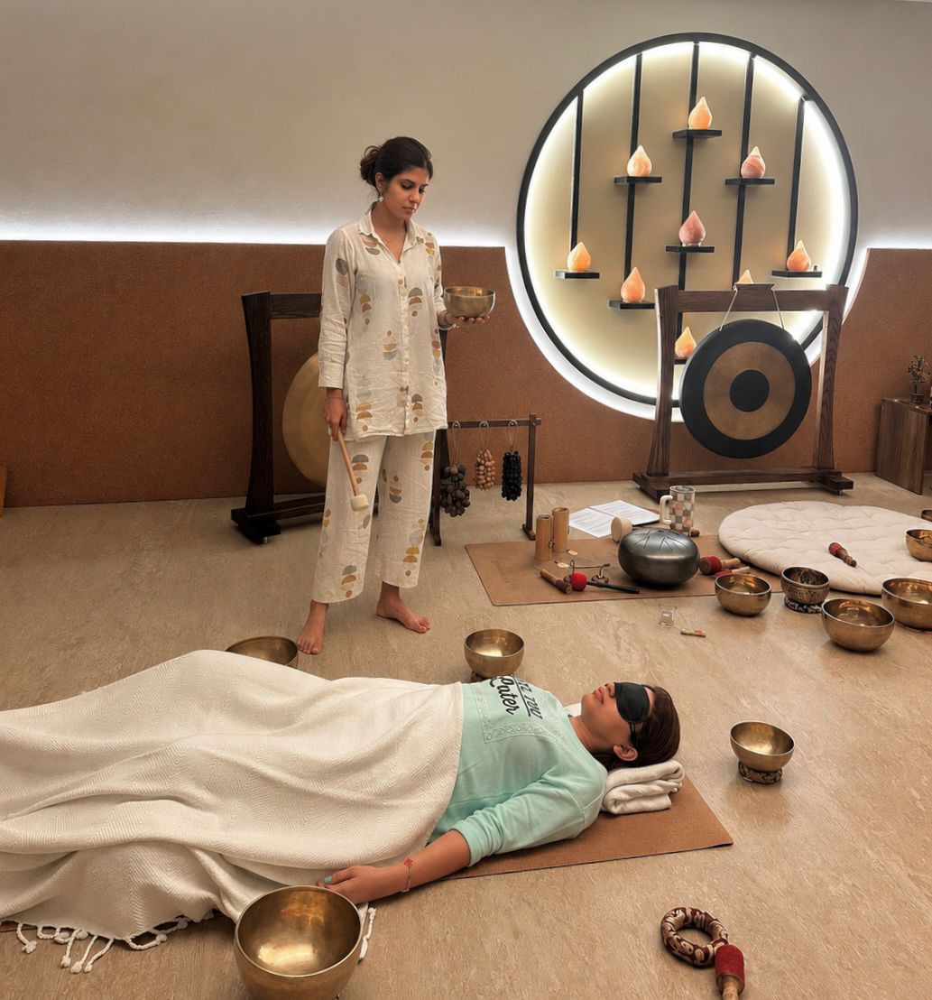 Tibetan singing bowls used in a sound therapy session