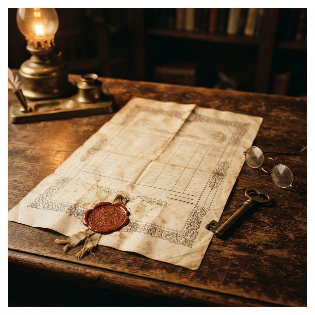 Alte deutsche Grundbuchurkunde der 1900er Jahre mit Wachssiegel und Messingschlüssel