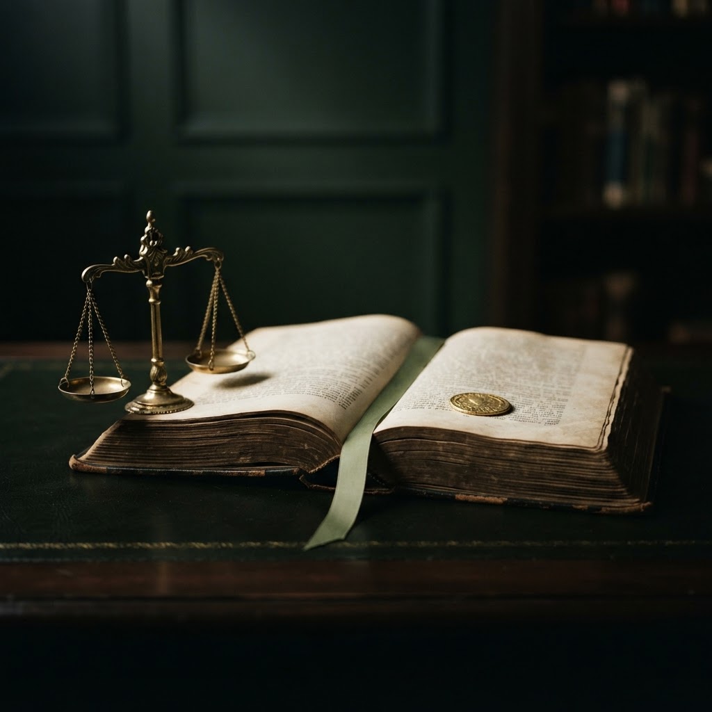 Offenes Gesetzbuch mit Waage der Gerechtigkeit und Münze — § 110 BGB