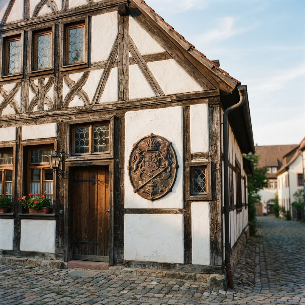 Historisches deutsches Fachwerkhaus mit alter Feuerversicherungs-Plakette an der Fassade