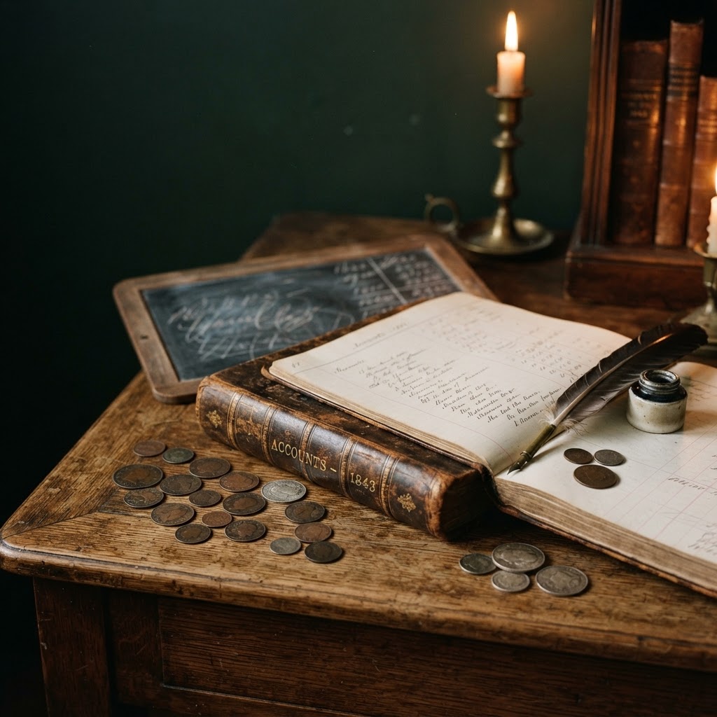 Historisches Stillleben: Antiker Schreibtisch mit altem Hauptbuch und Münzen