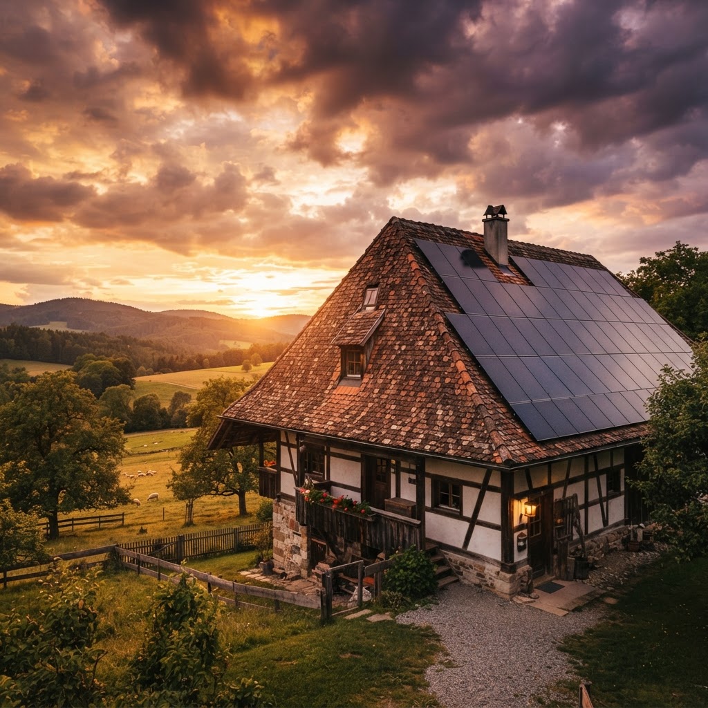 Solarpanels auf traditionellem deutschem Bauernhausdach bei Sonnenuntergang