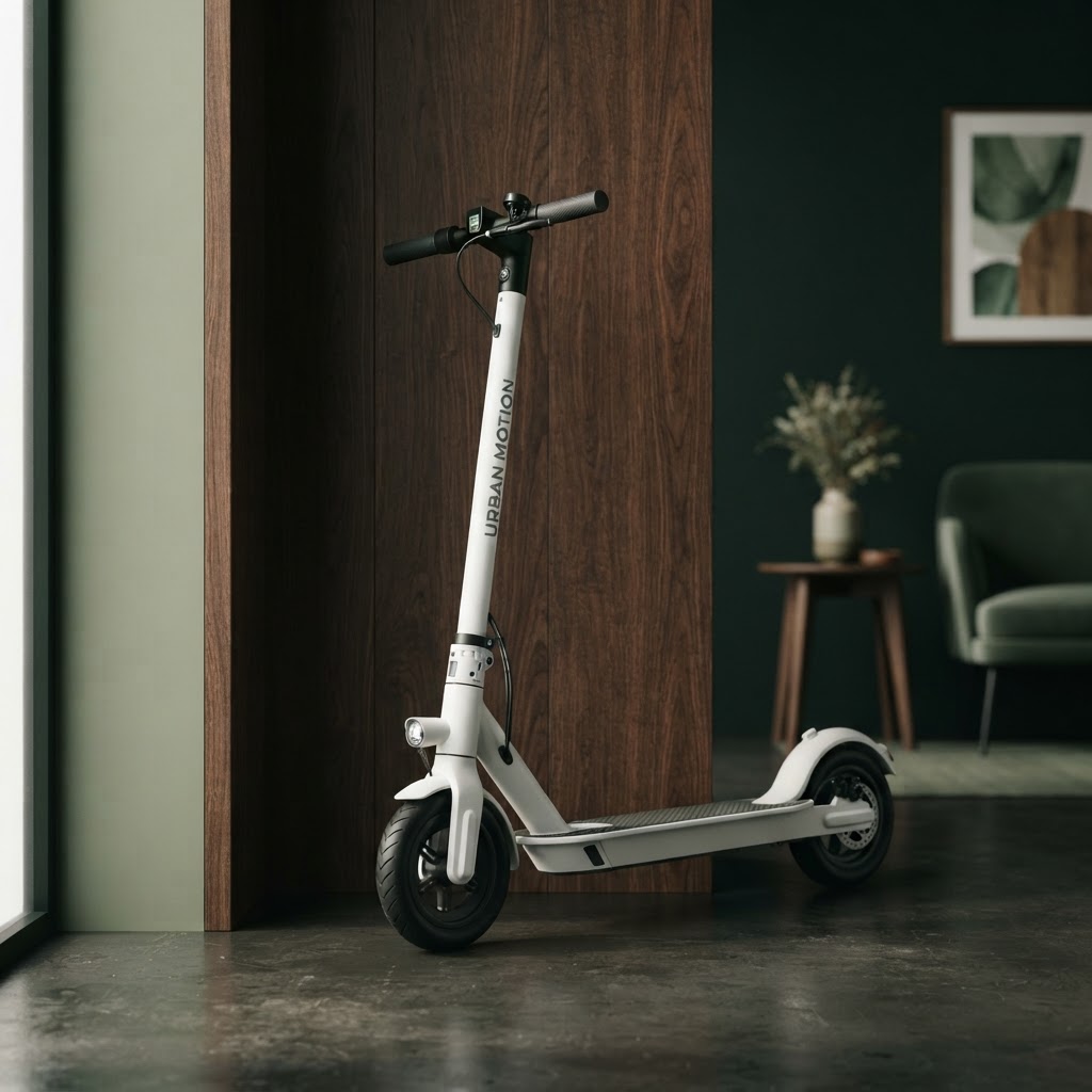 Weißer E-Scooter an dunkler Holzwand — E-Scooter Versicherung