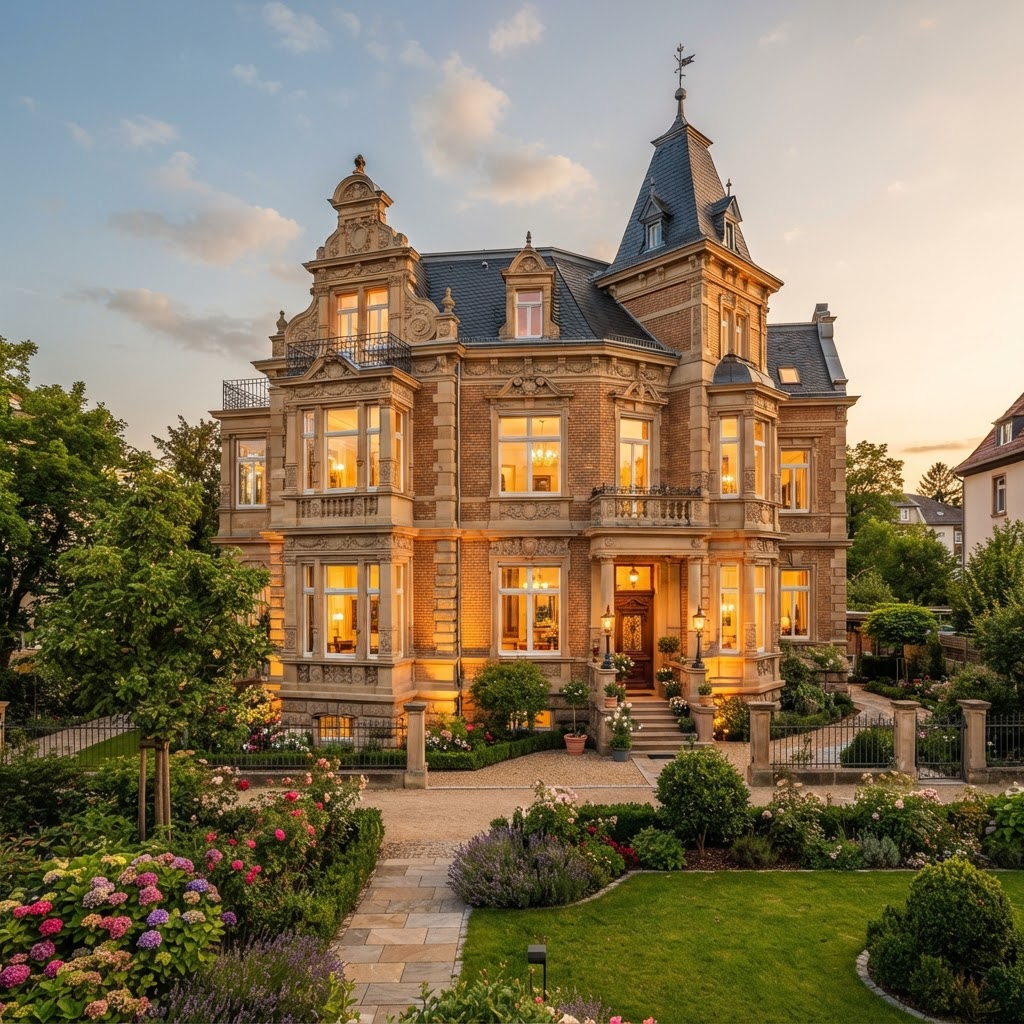 Wunderschön restaurierte deutsche Gründerzeit-Villa bei goldenem Sonnenlicht