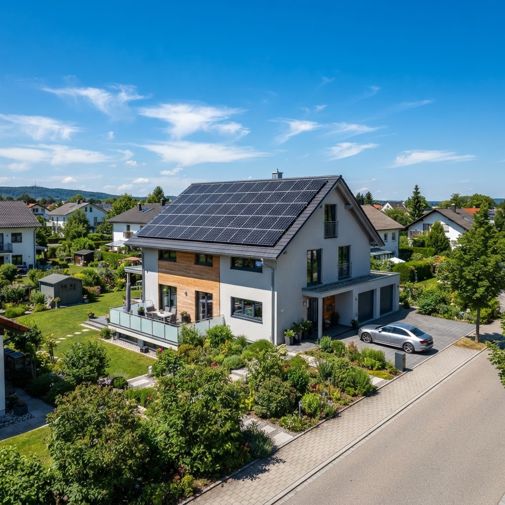 Photovoltaikanlage auf dem Dach eines Einfamilienhauses