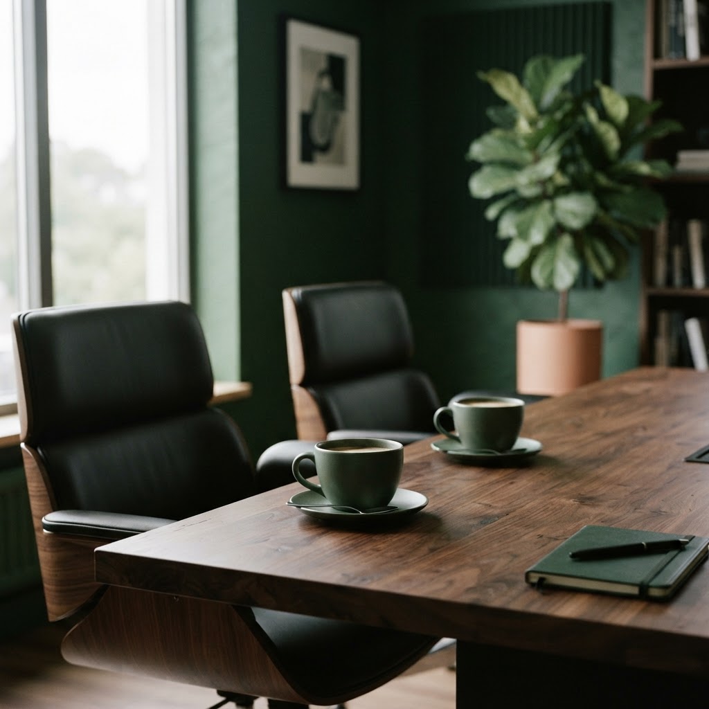 Zwei Kaffeetassen an einem dunklen Besprechungstisch — ein ruhiges Gespräch auf Augenhöhe
