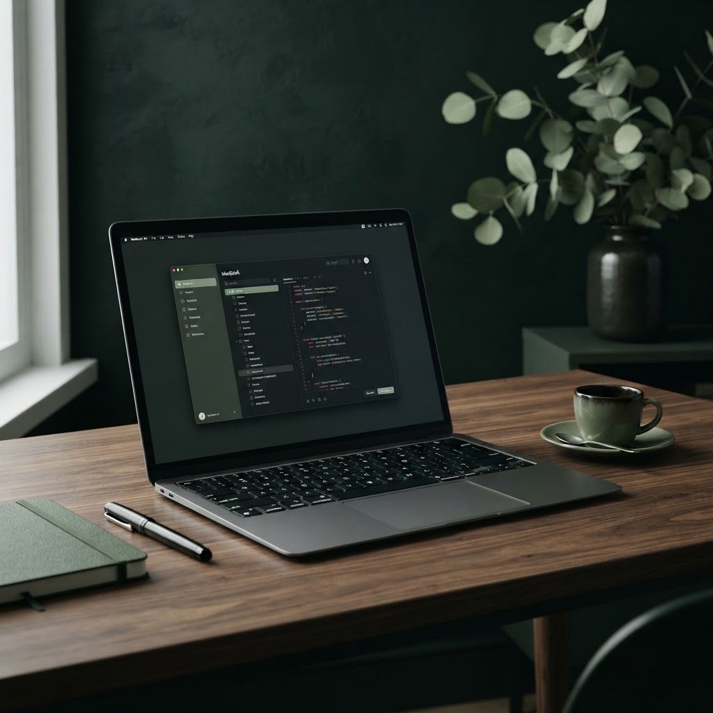 Offener Laptop auf dunklem Walnussholztisch — Laptop Versicherung
