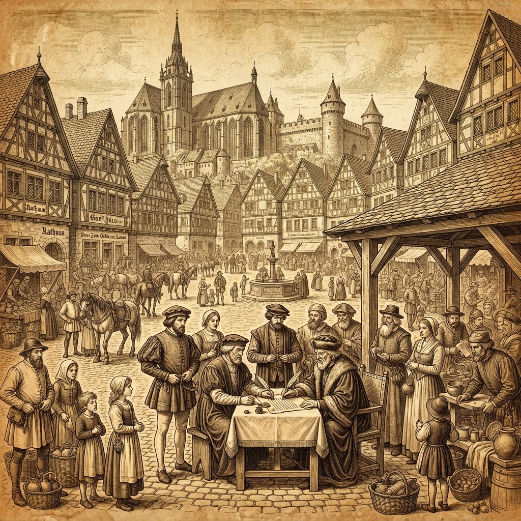 Historische Illustration: Grundbesitz und Immobilienkultur im Deutschland des 19. Jahrhunderts