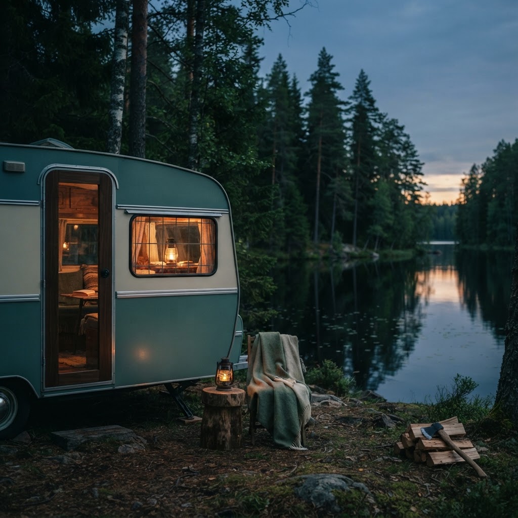 Vintage Caravan am Waldsee in der Dämmerung — Dauercamper-Versicherung