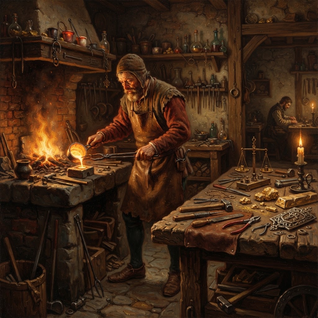 Mittelalterliche Goldschmiedewerkstatt mit schmelzendem Gold am Ofen