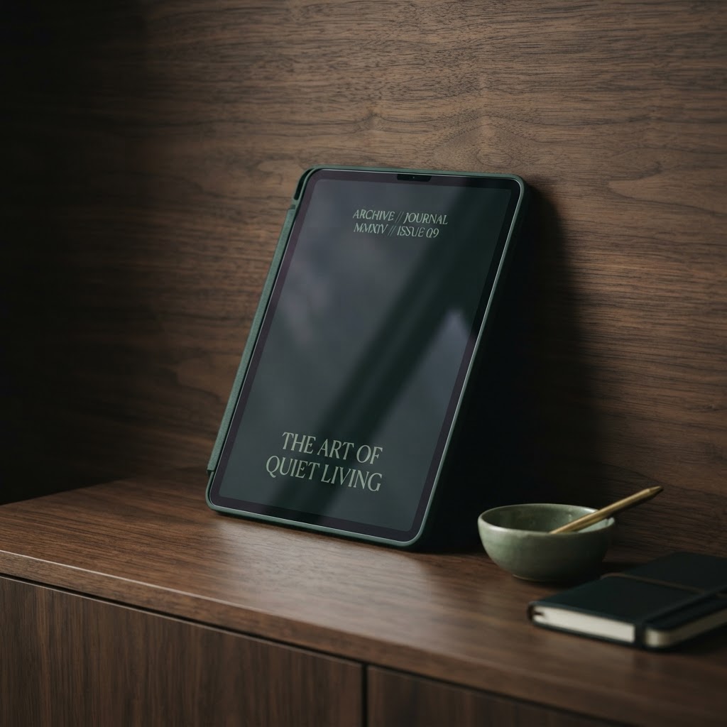 Modernes Tablet mit Hülle an dunkler Holzwand — Tablet Versicherung