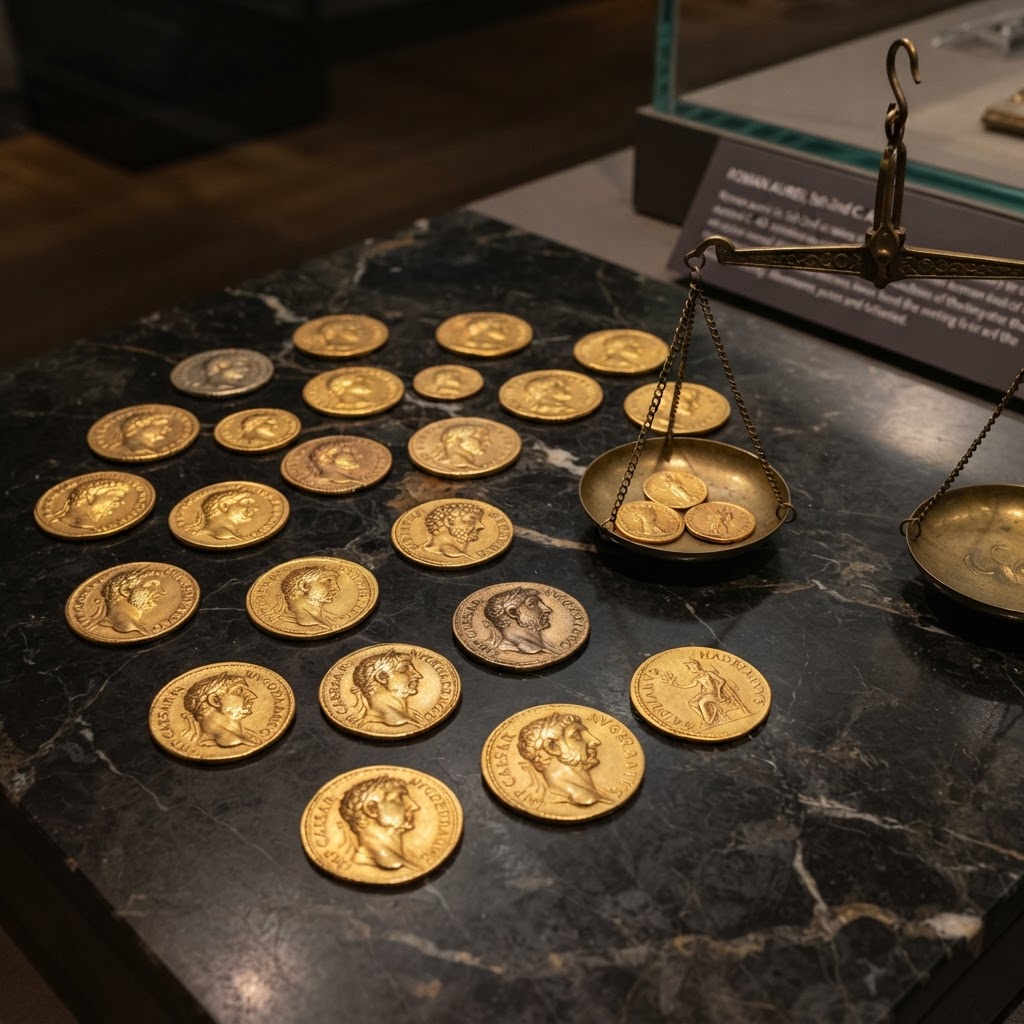 Römische Aureus-Goldmünzen mit Kaiserporträts auf dunklem Marmor