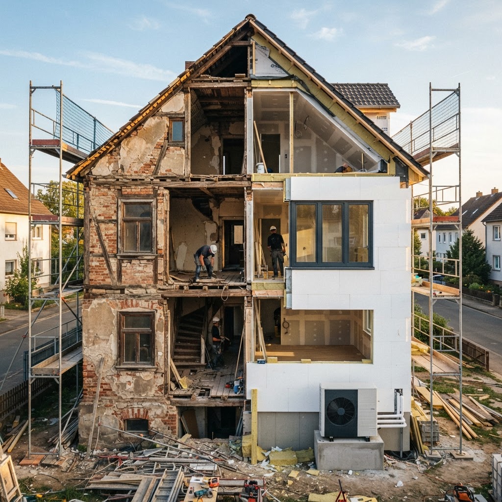 Querschnitt eines sanierten Hauses: alte und neue Fassade mit Dämmung und Wärmepumpe