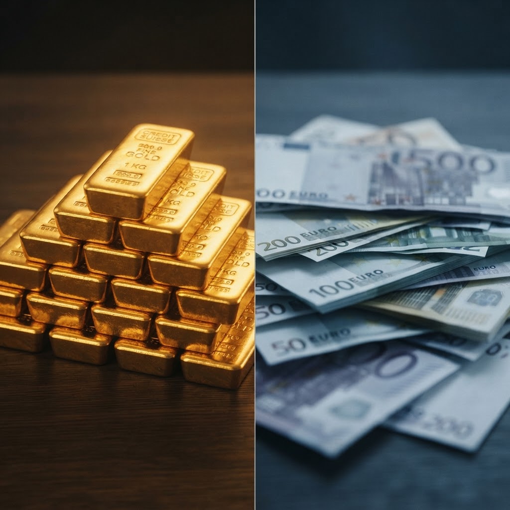 Split-Bild: Goldbarren links, gestapelte Euro-Banknoten rechts