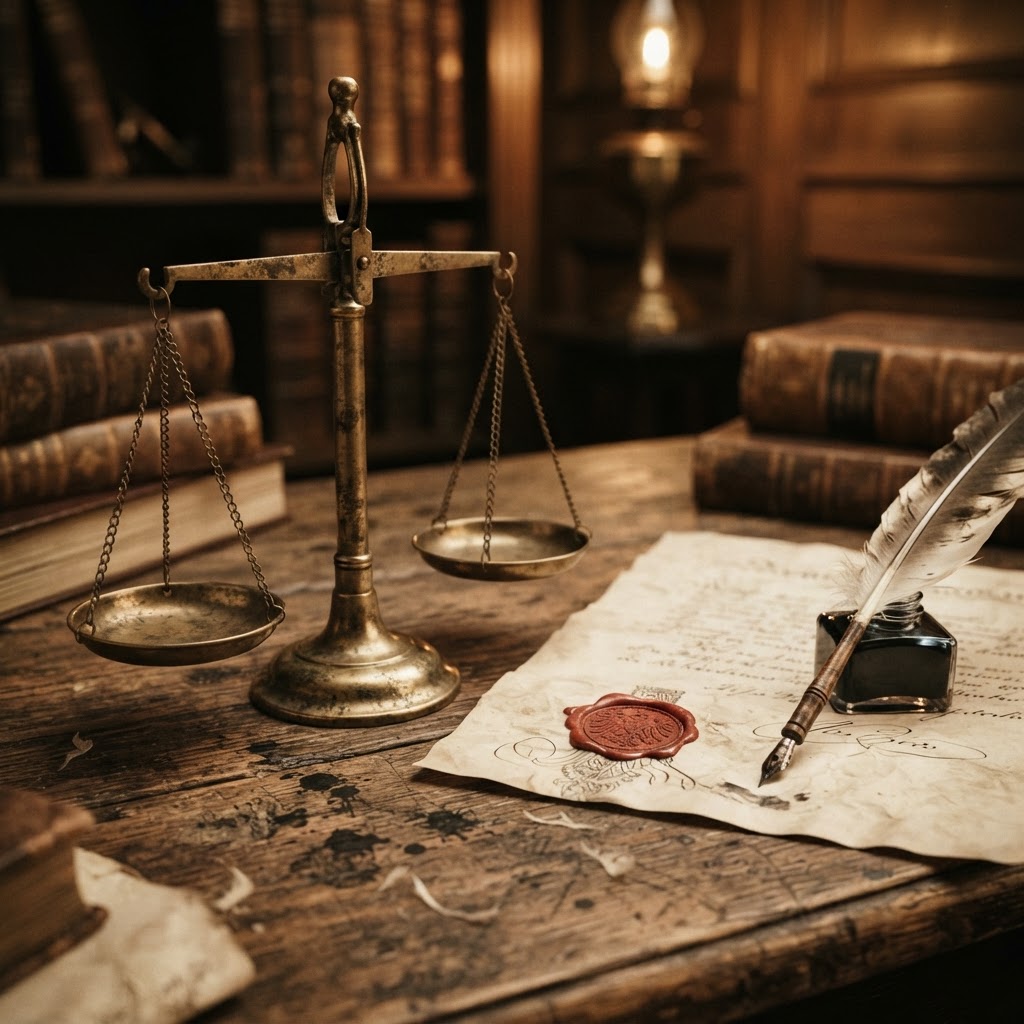 Antike Waagschale der Justitia mit deutschem Rechtsdokument und Gänsekiel