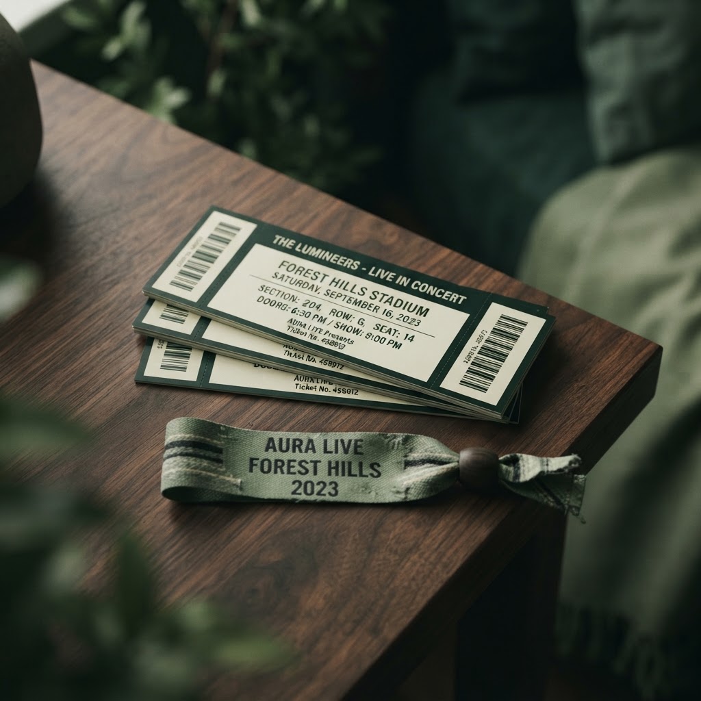 Stapel Konzerttickets mit Armband auf dunklem Holztisch — Ticketversicherung