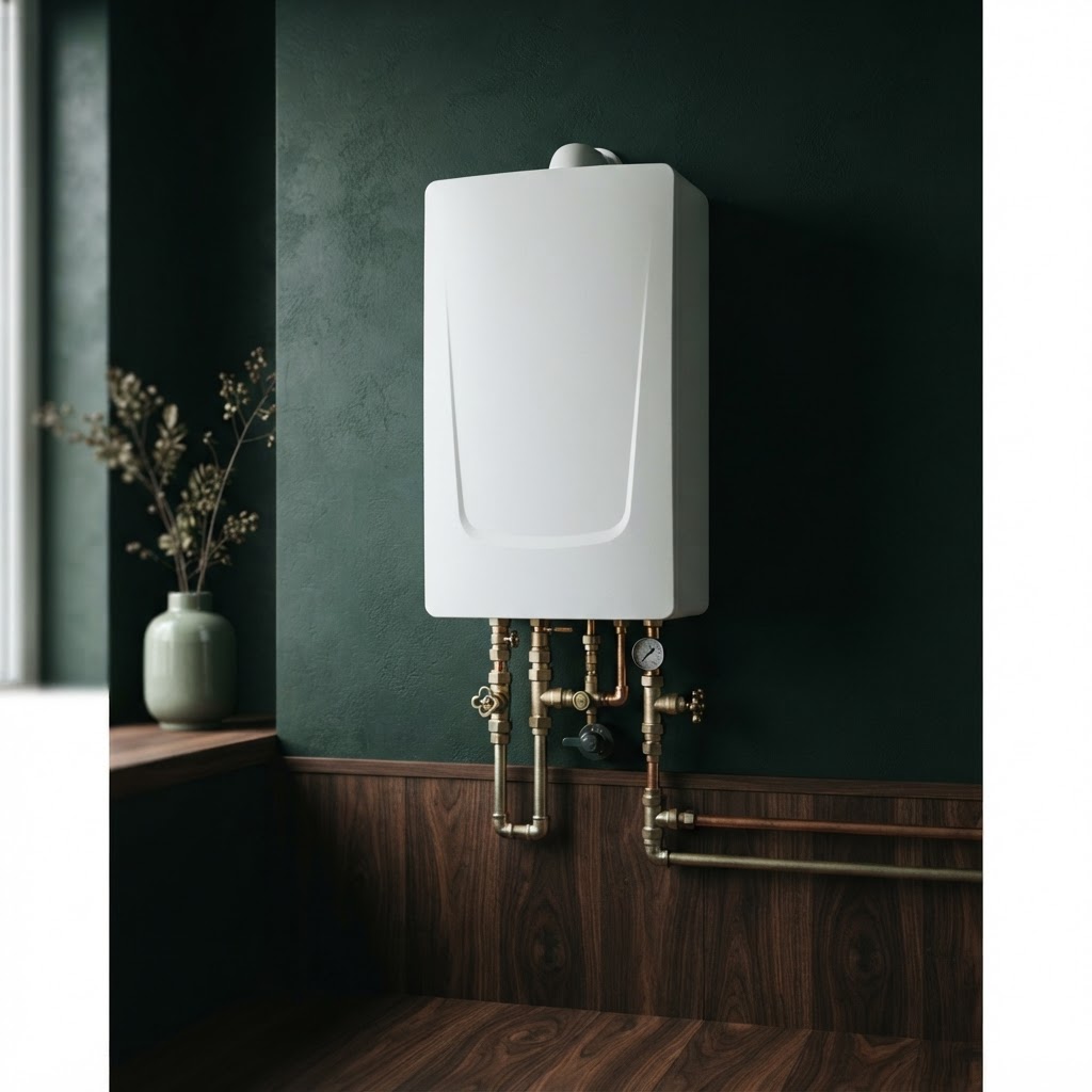 Moderne weiße Gastherme mit Messingventilen an dunkelgrüner Wand — Gasheizung-Versicherung