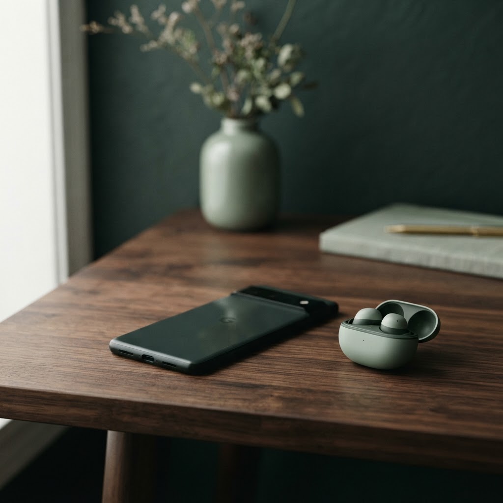 Modernes Smartphone auf dunklem Walnussholztisch — Smartphone Versicherung