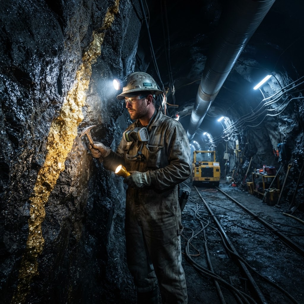 Unterirdische Goldmine mit Goldader im Quarzgestein