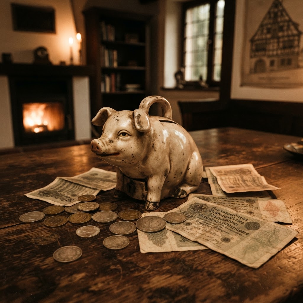 Keramisches Sparschwein mit Goldmünzen und alten deutschen Mark-Banknoten auf Holztisch