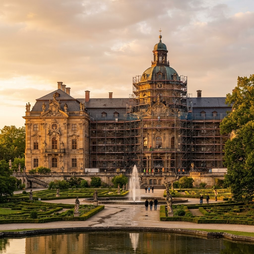 Historisches deutsches Schloss mit Barockfassade, teilweise eingerüstet für Restaurierung