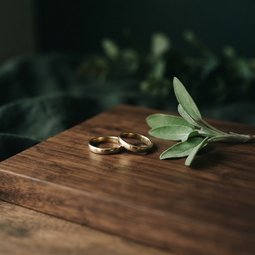 Zwei goldene Eheringe mit Salbeizweig auf dunklem Holz — Hochzeitsversicherung