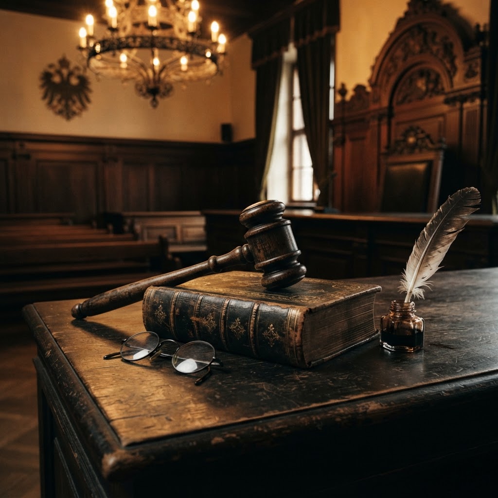 Antiker Holzhammer auf altem deutschem Gesetzbuch in historischem Gerichtssaal