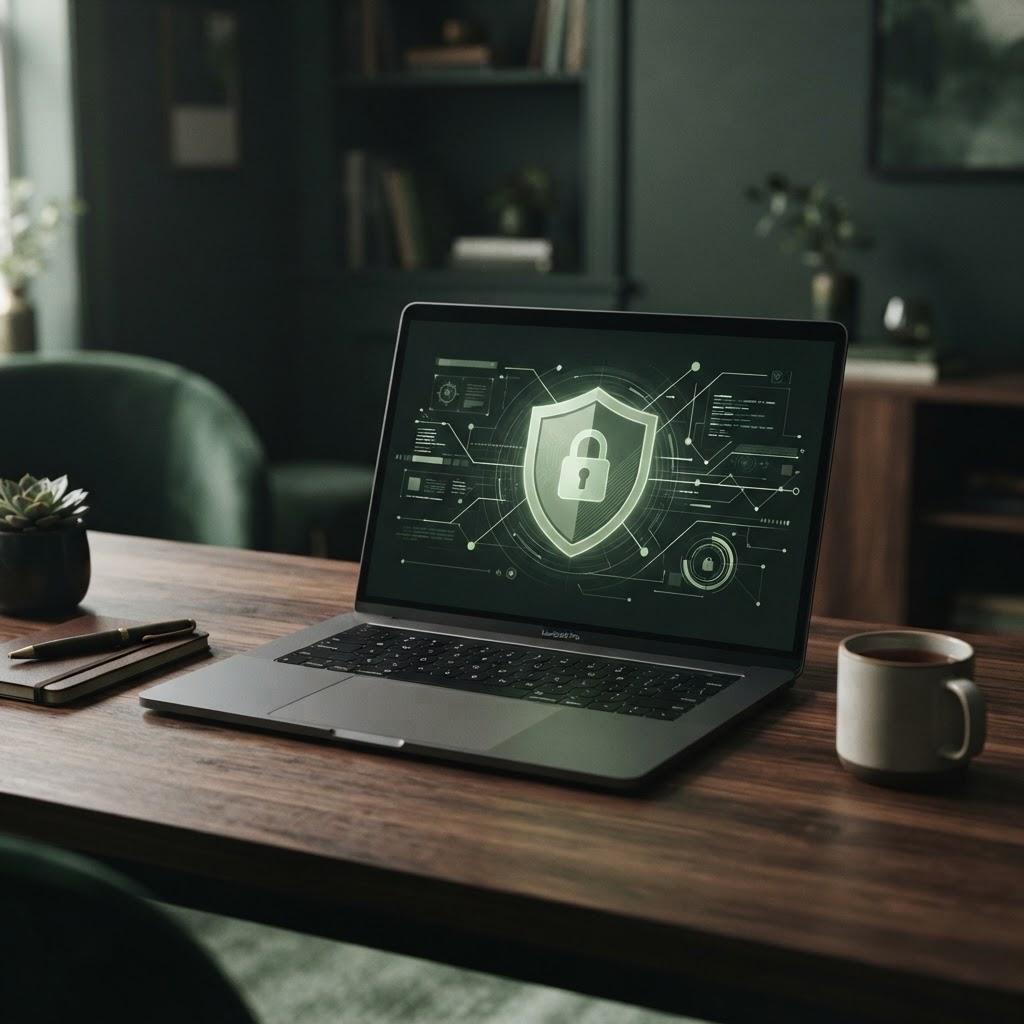 Laptop mit digitalem Schloss-Symbol — Cyber-Versicherung