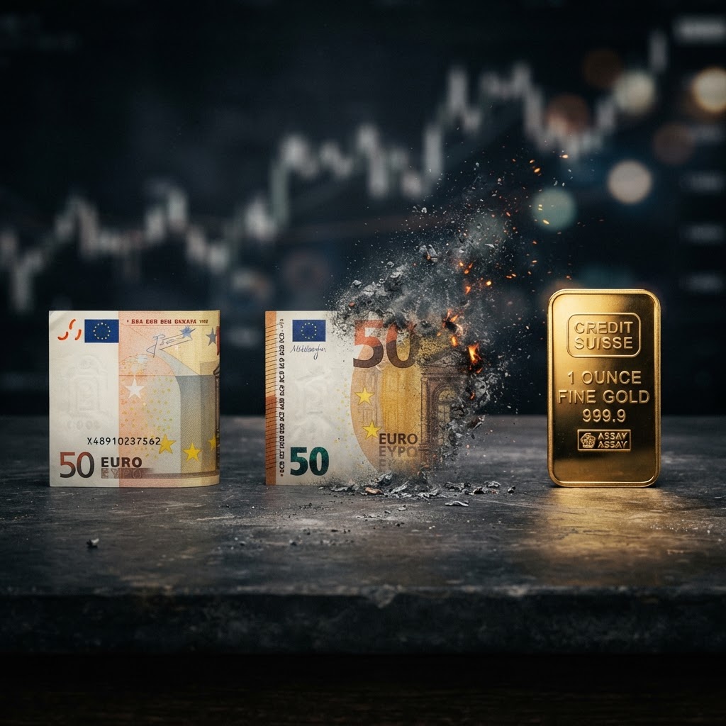 Konzeptbild: Banknote zerfällt zu Asche, daneben intakter Goldbarren