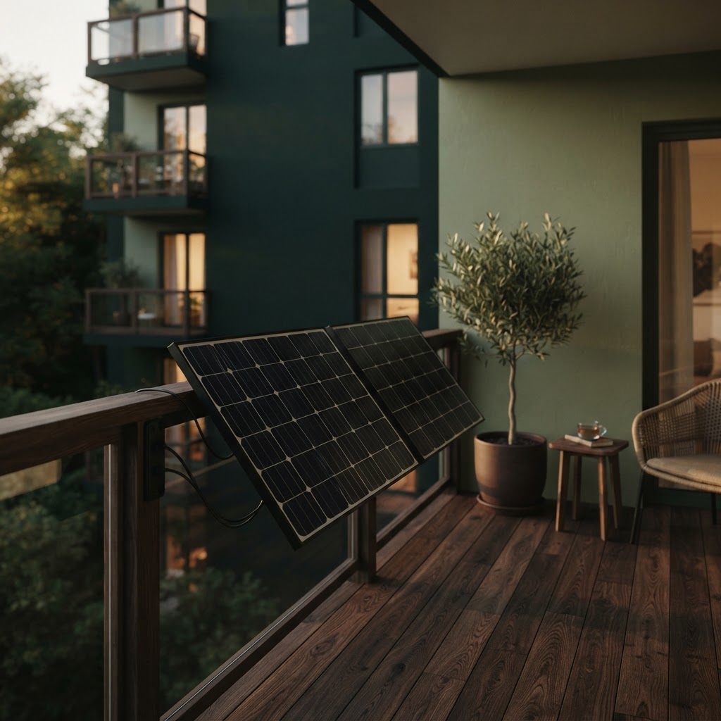 Balkon mit auf der Brüstung montierten Photovoltaik-Modulen an grüner Fassade — Balkonanlage Versicherung