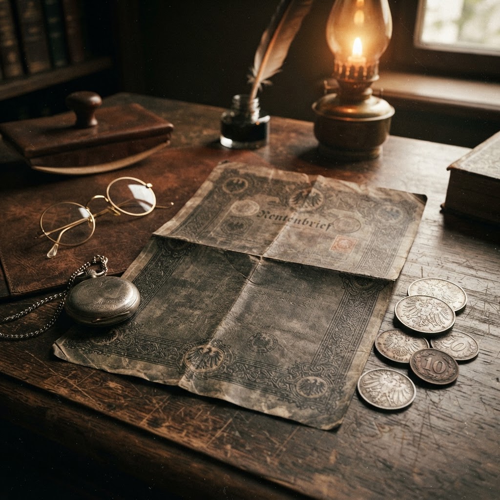 Vintages deutsches Rentendokument aus der Bismarck-Ära mit Münzen und Taschenuhr auf dunklem Schreibtisch