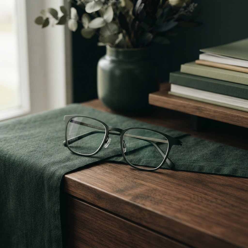 Moderne Brille auf dunklem Walnussholz — Brillenversicherung