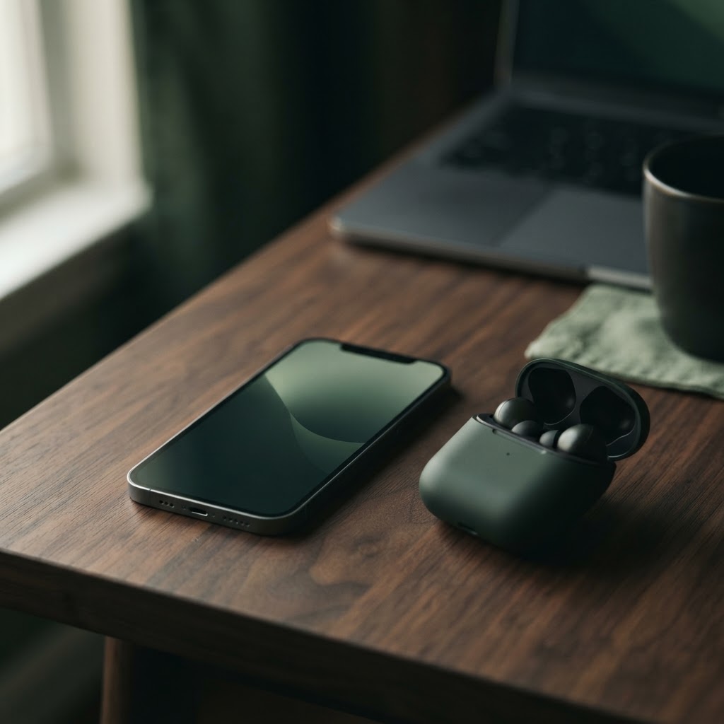 Smartphone und Kopfhörer auf dunklem Holztisch — Elektronikversicherung