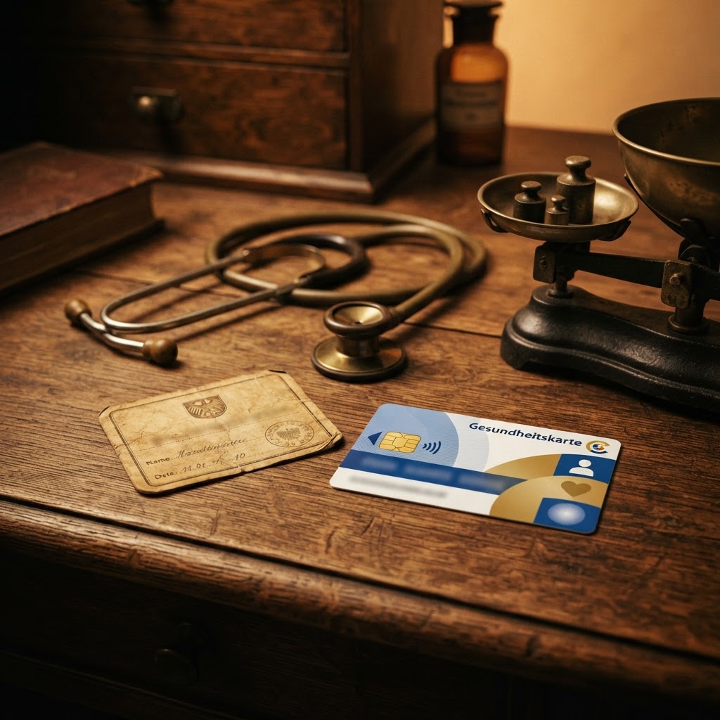 Vintage deutsche Krankenversichertenkarte der 1950er neben moderner Gesundheitskarte