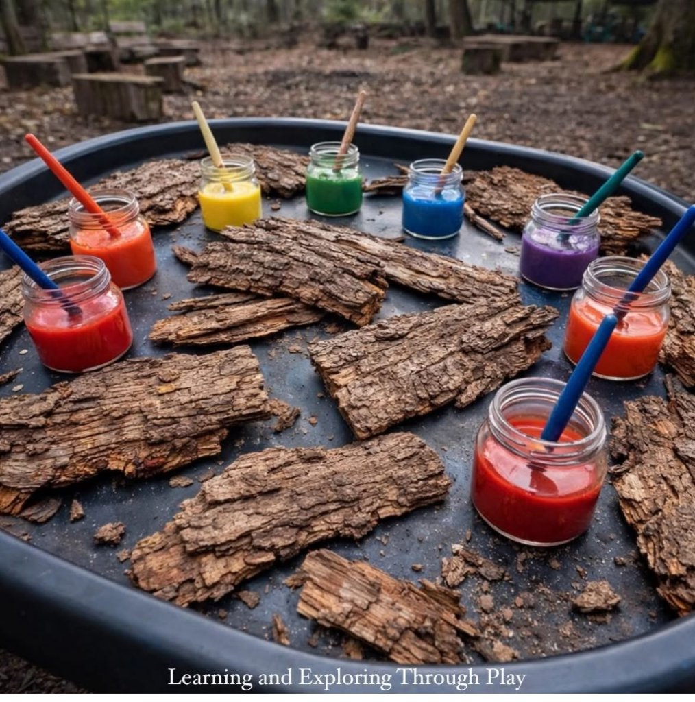 A tuff tray with glass jars of brightly coloured paint and tree bark for sensory play